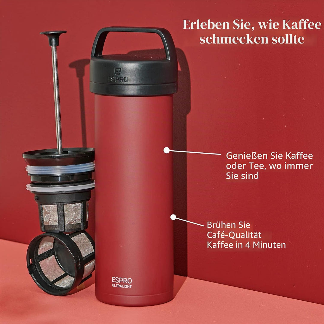 ESPRO – P0 Ultralight – Französische Kaffeepresse für Einzelportionen und leichte Trinkflasche für R
