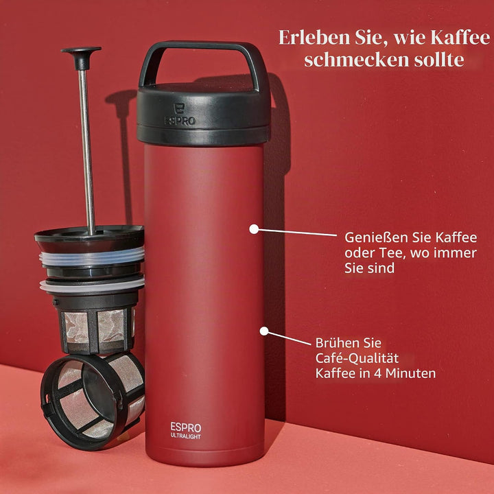 ESPRO – P0 Ultralight – Französische Kaffeepresse für Einzelportionen und leichte Trinkflasche für R