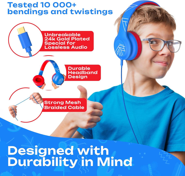 PowerLocus Kinder Kopfhörer mit Kabel, 85/94dB Sichere Lautstärke, mit USB-C Kabel, Hi-Fi Stereo, mi
