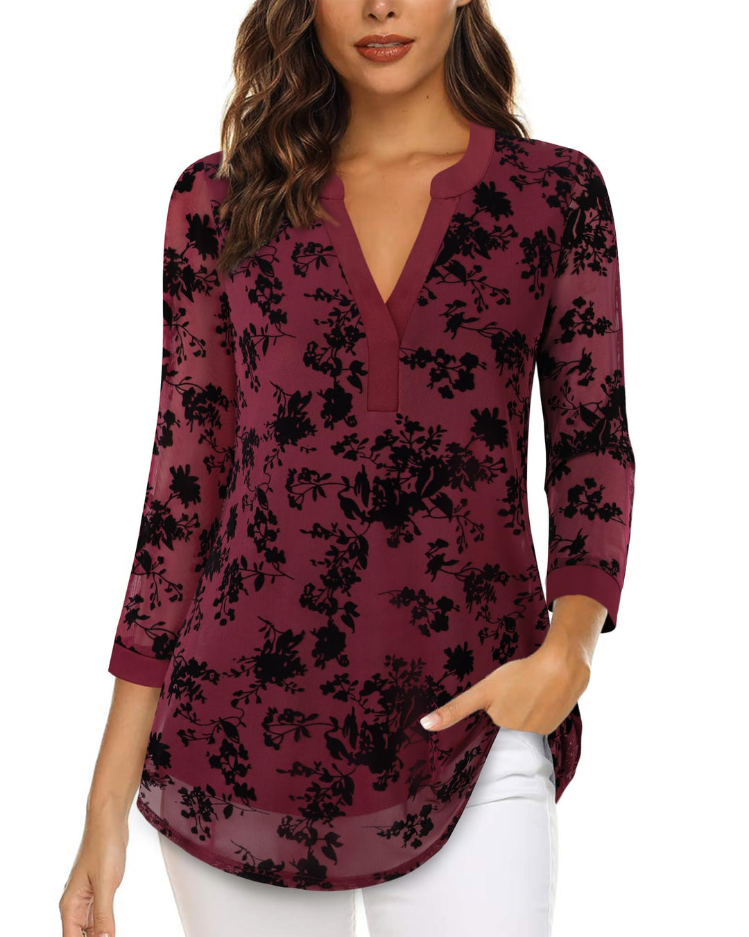Damen 3/4 Ärmel Oberteil Henley V-Ausschnitt Hemden doppellagig Mesh Bluse Tuniken L Beflockte Dunke