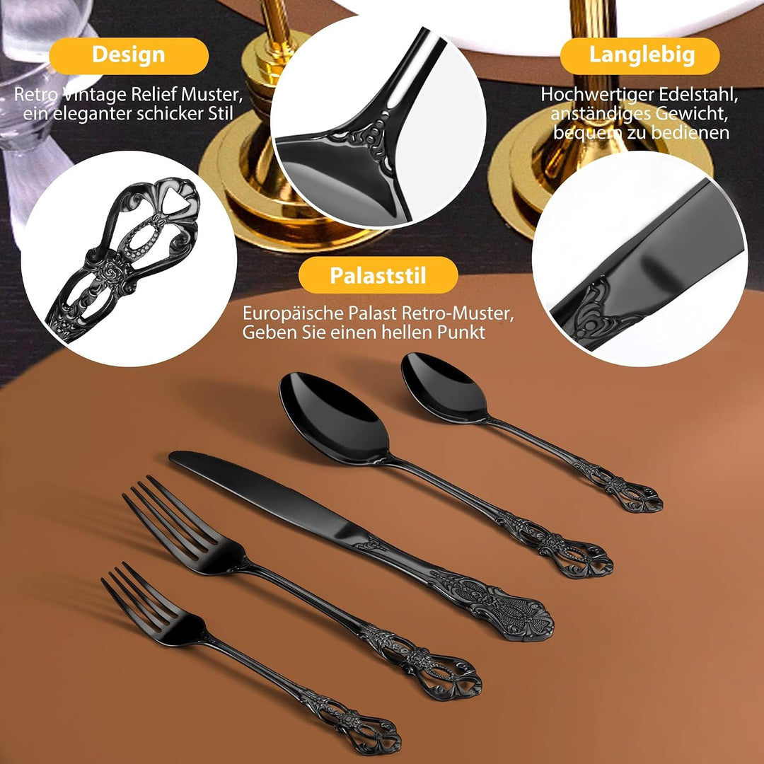 Besteck Set, 40-teilig Besteck Schwarz, Vintage Palast-Stil Besteckset 8 Personen aus Edelstahl, Sch