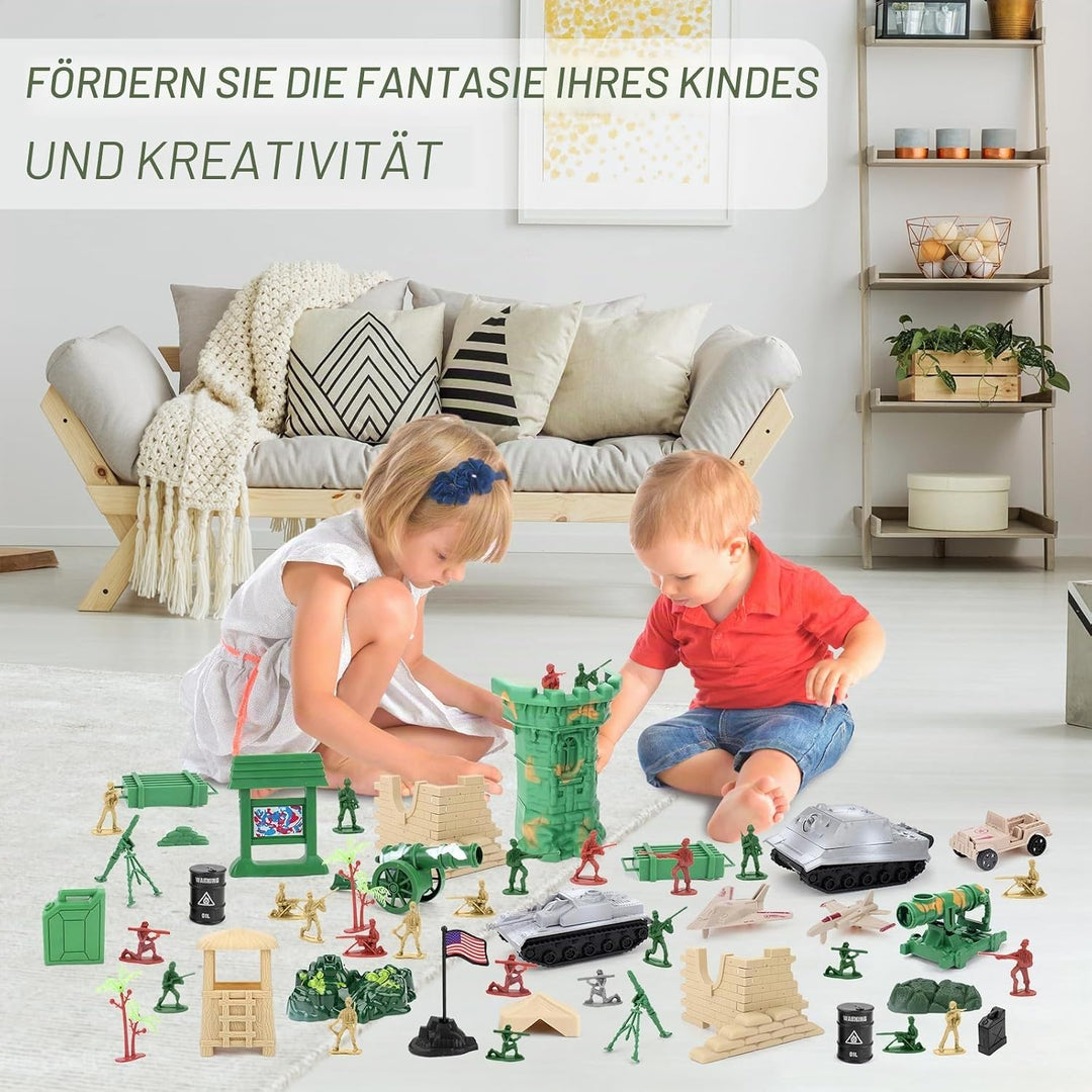 deAO 303 Militär Spielset mit Soldaten, Militärfiguren, Tanks, Flugzeugen, Flaggen, Aufbewahrungstas