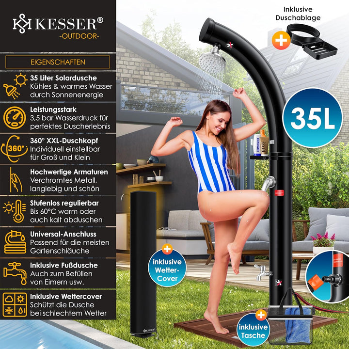 KESSER® Solar Gartendusche Solardusche Bogen Inkl. Schutzhaube warmes Wasser | 35 Liter | max. 60°C
