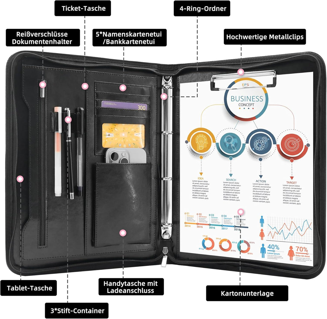 Schreibmappe 4 Ringbuch A4 Konferenzmappe Reissverschluss Leder Wasserdicht Organizer Mappe Dokument