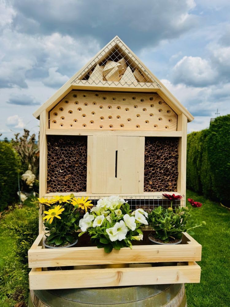 handgefertigtes Insektenhotel XL Wildbienen Nisthilfe I Insektenhaus mit Blumenkasten aus Holz und S