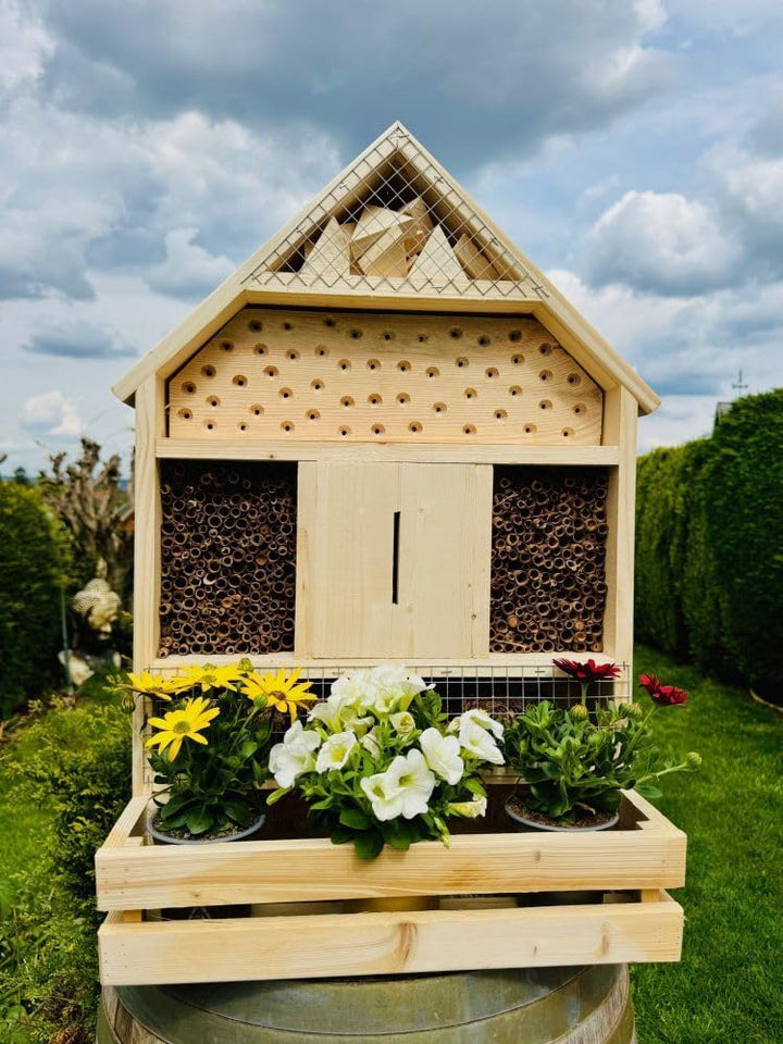 handgefertigtes Insektenhotel XL Wildbienen Nisthilfe I Insektenhaus mit Blumenkasten aus Holz und S