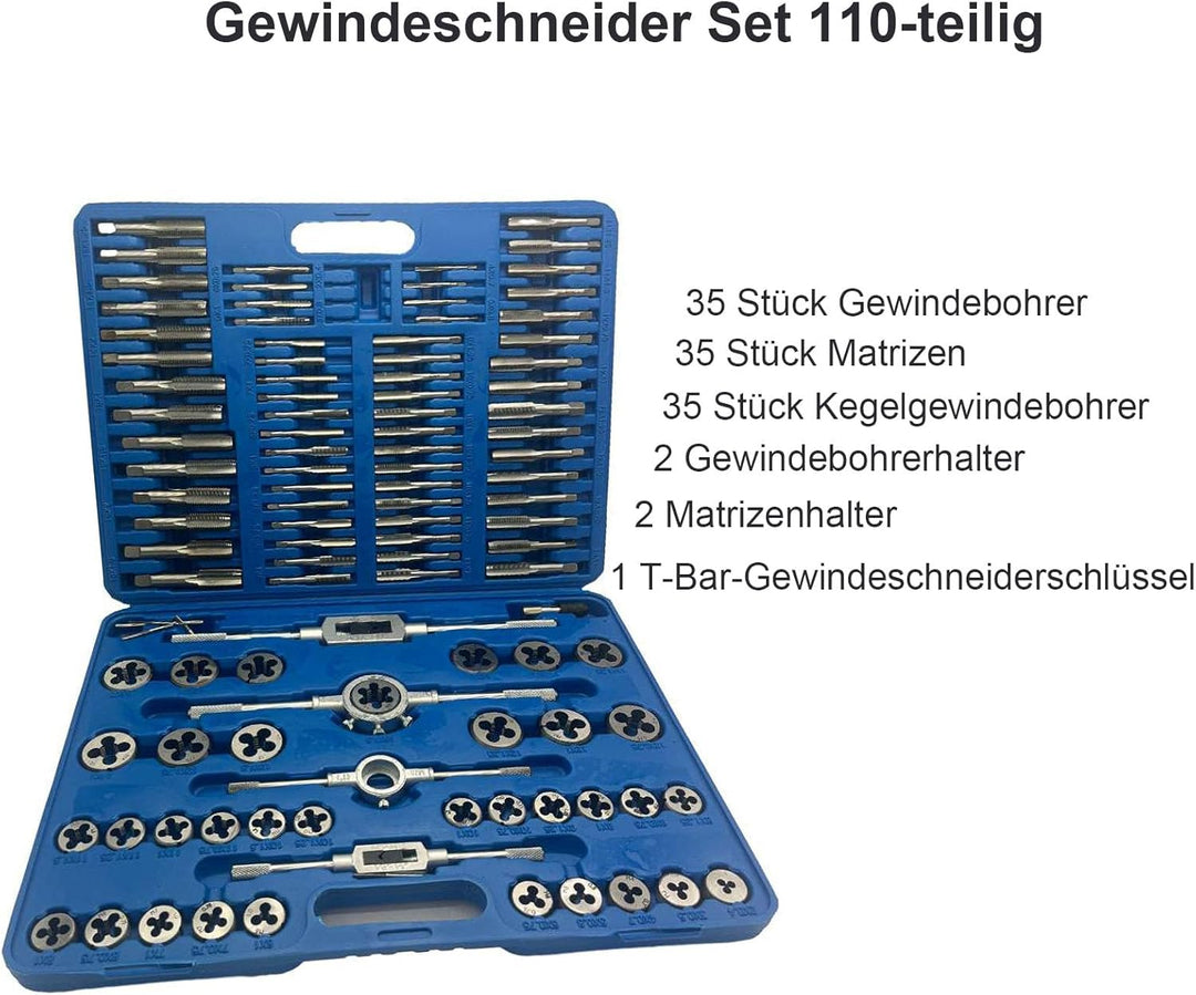 Gewindeschneider Set 110-teilig,Gewindebohrer Satz M2-M18 Fein Gewinde Schneider Bohrer Werkzeug, Ge