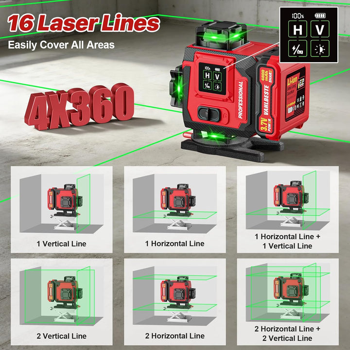 Kreuzlinienlaser mit Stativ, Laser Wasserwaage mit 2x4800 mAh Batterien, 4x360 Grad Laser Level mit