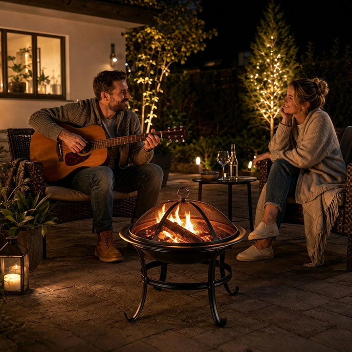Feuerstelle Ø55cm mit Funkenschutz Schürhaken und wärmeisoliertem Ø 55 cm Set, Ø 55 cm Set