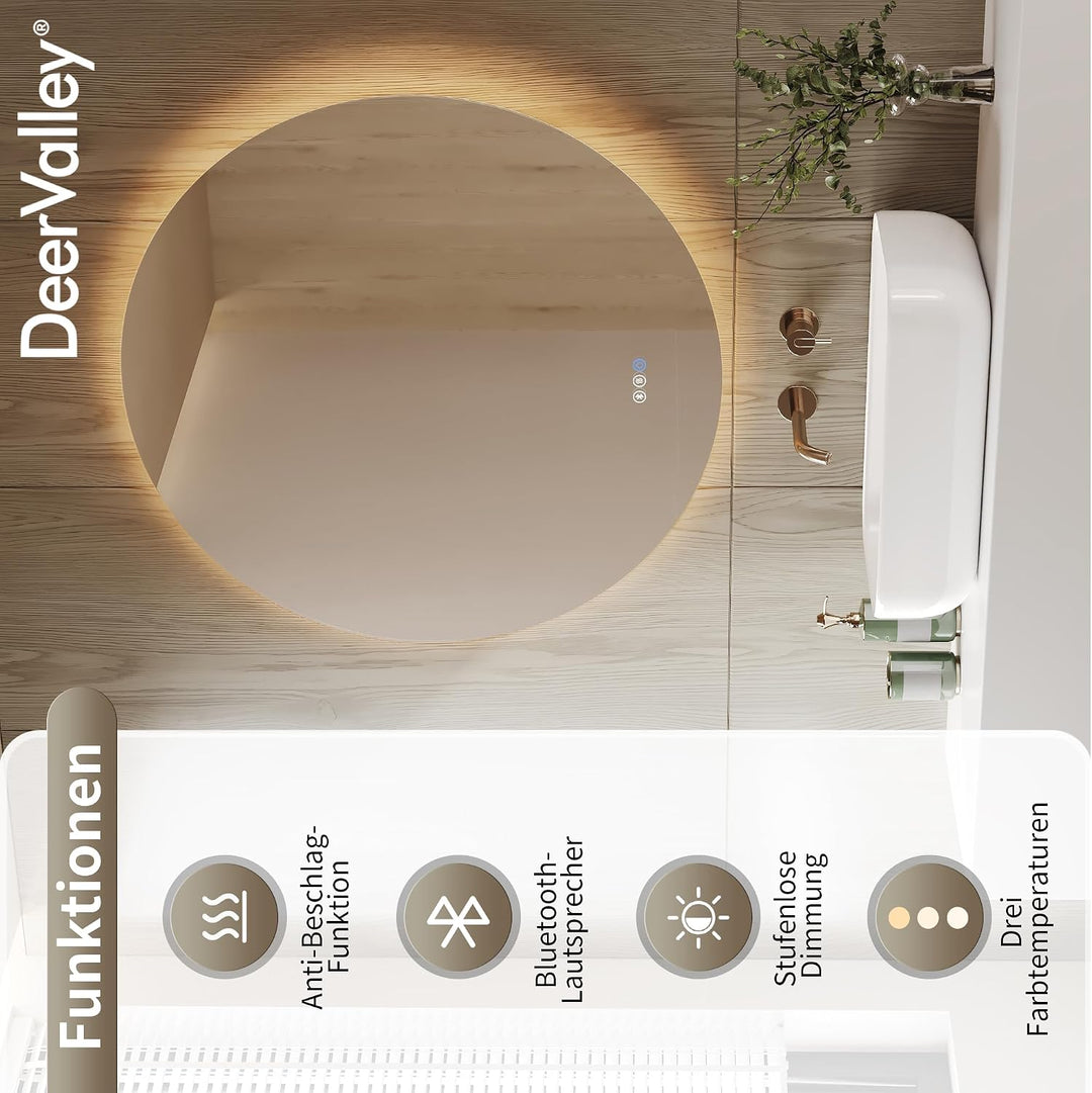 DeerValley Badspiegel mit Beleuchtung 80cm, Anti Beschlag LED Spiegel mit 3-Fach Vergrösserung, 3 Fa