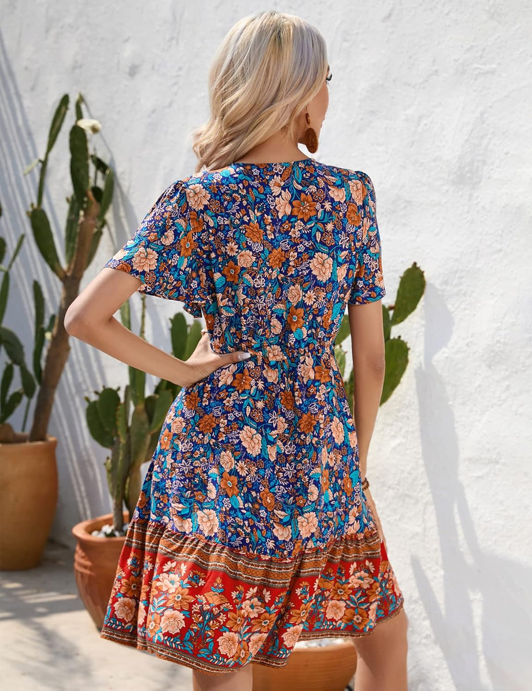 KOJOOIN Damen Sommerkleid Boho Tunika Kleid Kurzarm Minikleider V-Ausschnitt Strandkleid kurz Blumen