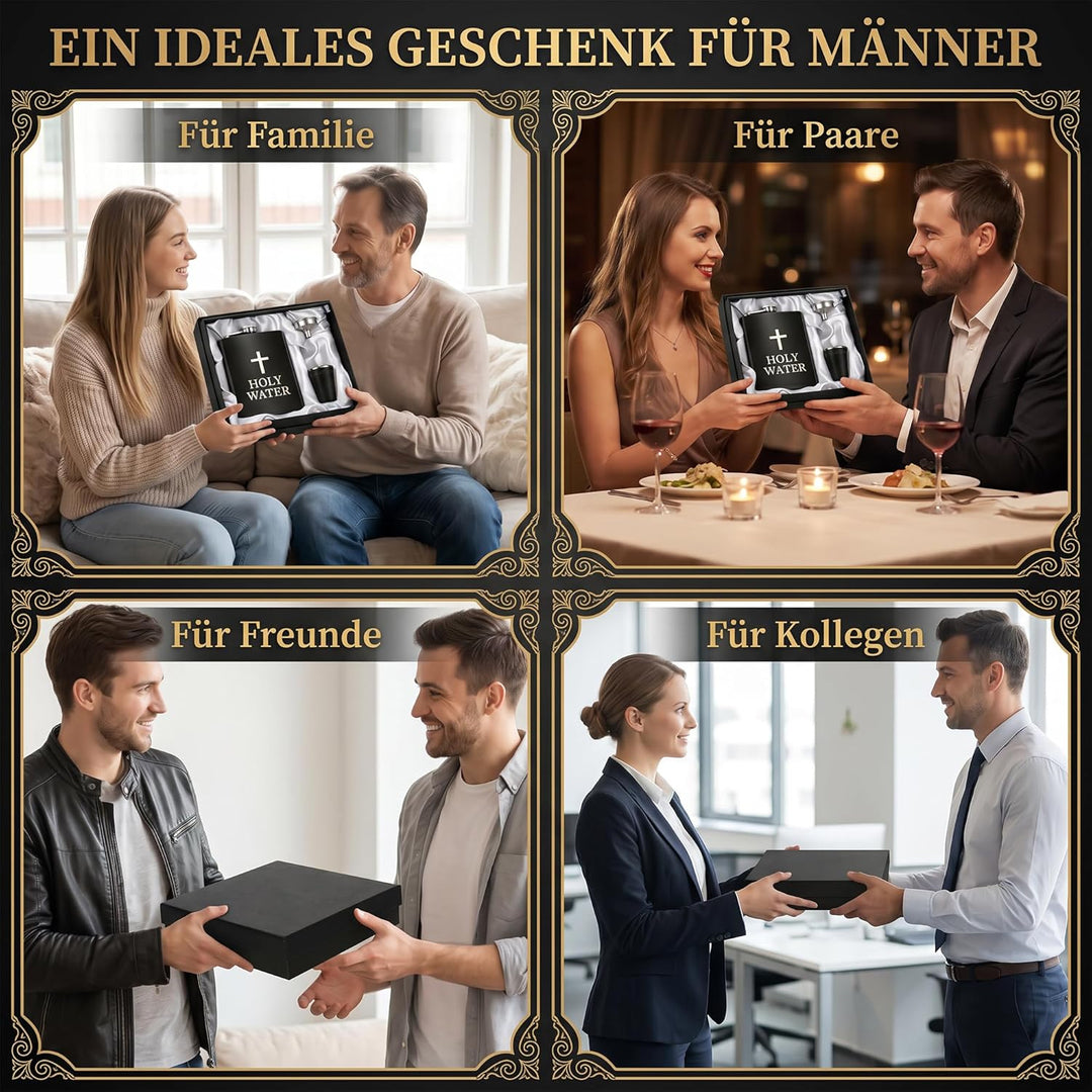 Flachmann mit Gravur "Holy Water" 8oz Edelstahl Geschenkset für Männer, Lustiger Whiskey Flachmann S