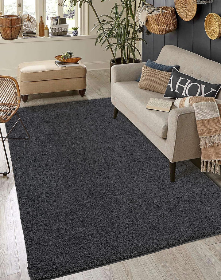 payé Teppich Hochflor Wohnzimmer - Anthrazit - 120x170cm - Shaggy Einfarbig Soft Weich Schlafzimmer
