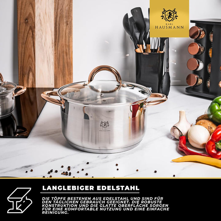 Kochtopf Induktion - 6L - Ø 26 cm - Edelstahl Topf mit Deckel für alle Herdarten Geeignet - Induktio
