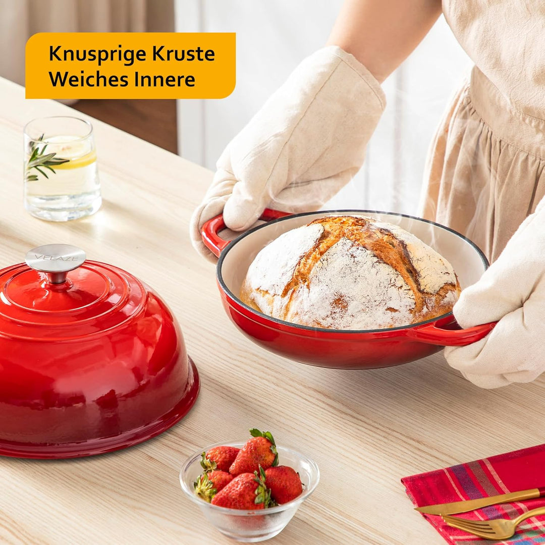 Velaze Emaille Schmortopf mit Deckel und Griffen, 4,8L Gusseisen Topf Brot Backen, 26 cm Brotbacktop