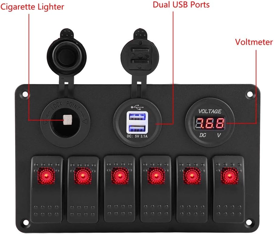 KIMISS 12V 24V 6 Gang Marine Schalttafel Auto Boot Marine LED Wippschalter Panel Dual USB Voltmeter
