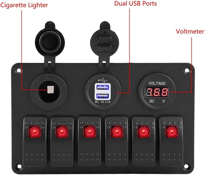KIMISS 12V 24V 6 Gang Marine Schalttafel Auto Boot Marine LED Wippschalter Panel Dual USB Voltmeter
