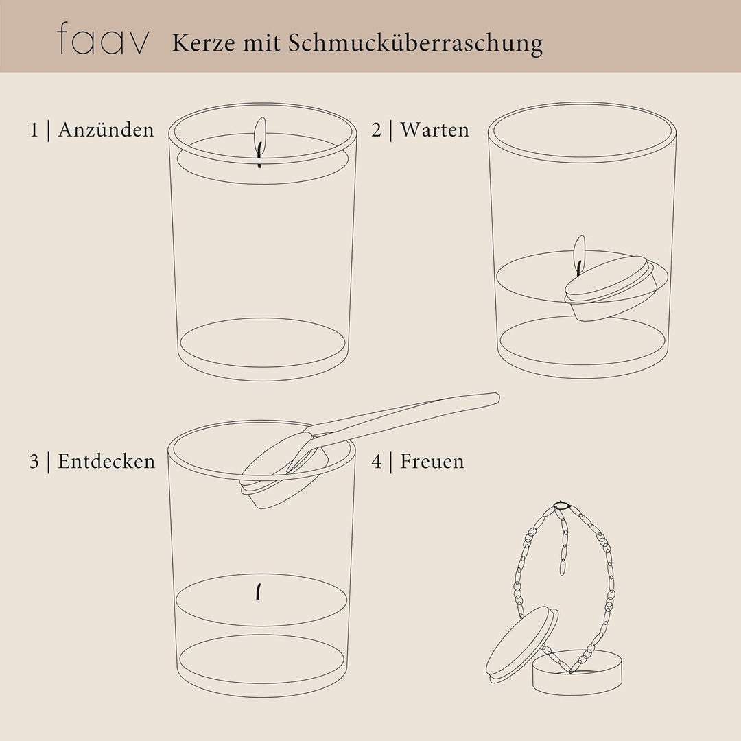faav Schmuckkerze Rosmarin – Duftkerze inkl. Schmucküberraschung – Kette-Ohrringe-Armband – 45h Bren
