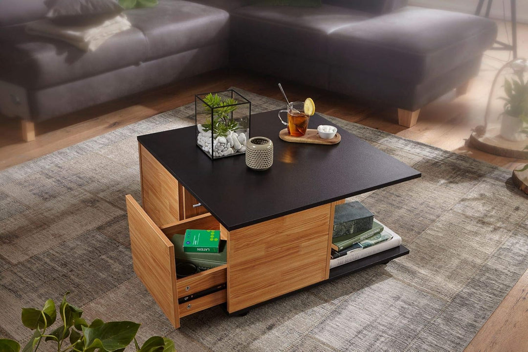 KADIMA DESIGN Couchtisch RAPIDO: 70x70x36,5 cm, 2 Schubladen, Rollen, Melaminharzbeschichtung, Weiss