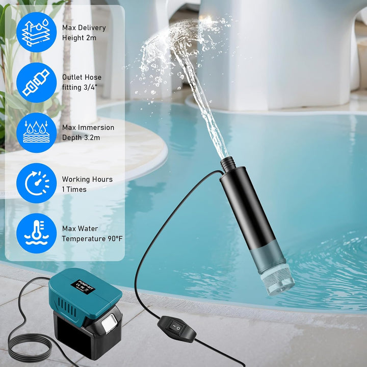 Tauchpumpe kompatibel mit Makita 18V Batterie, 30L/min, Wasserdurchfluss mit 5m kabel, 100W Elektris