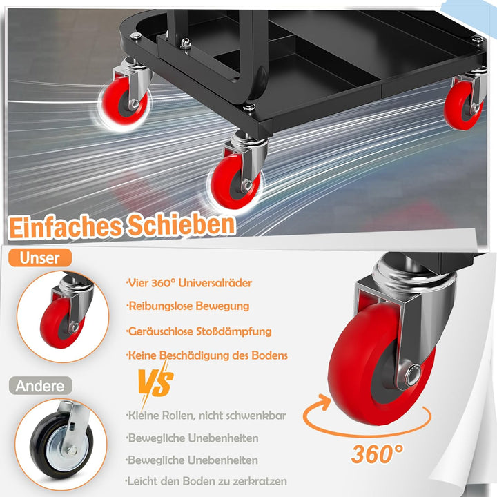 Aufun Werkstatthocker mit Rollen, Werkstatt Rollsitz 150kg belastbar, Arbeitshocker mit Ablage, 4 be