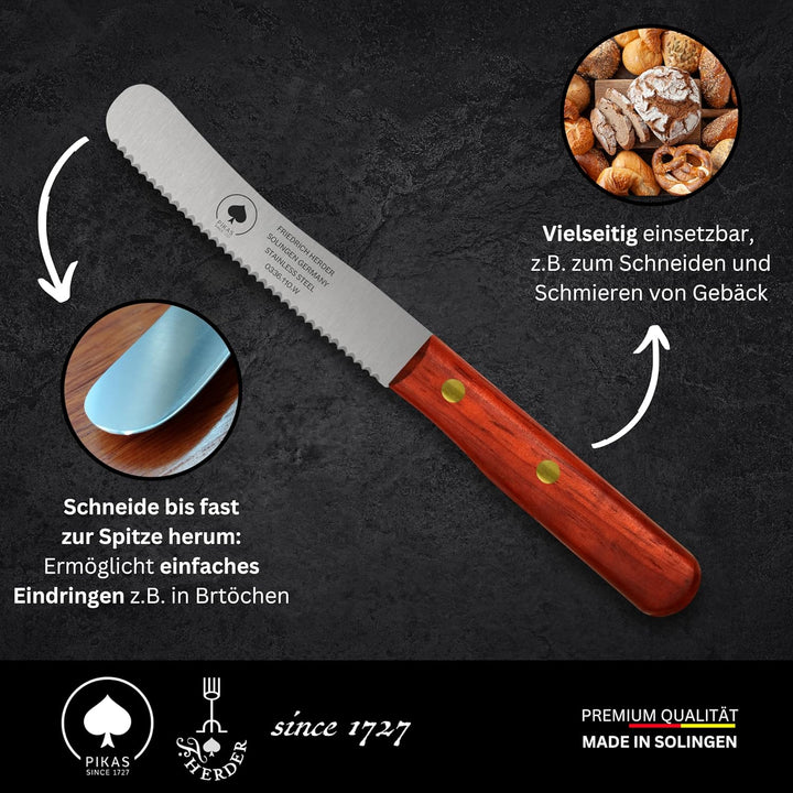 Solingen Messer, 2er Set Padouk Holzgriff, Wellenschliff, Premium Buckelmesser, Klinge rostfrei 11cm