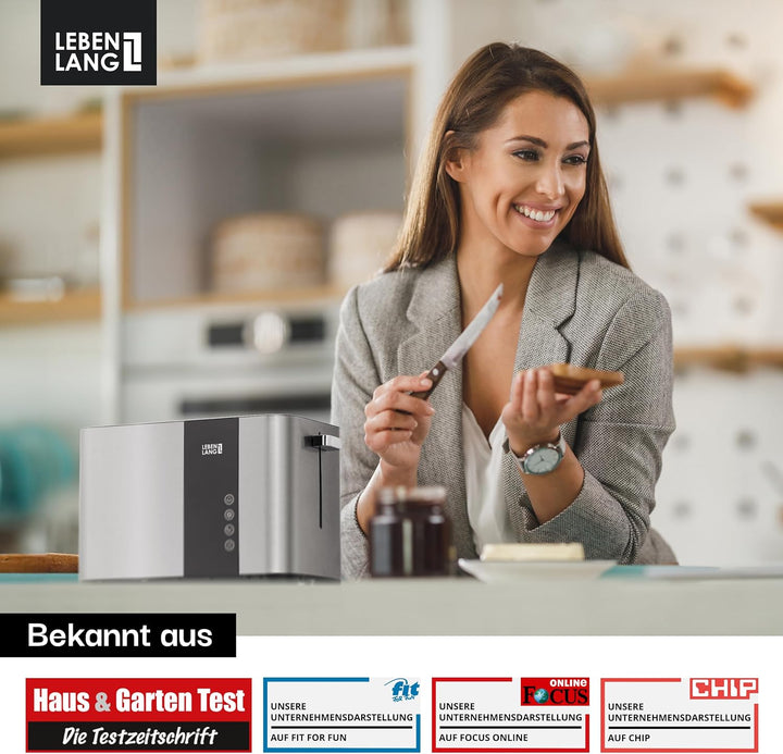 LEBENLANG Edelstahl Toaster mit Brötchenaufsatz 2 Scheiben - Touchscreen LED Display & 7 Stufen I 85