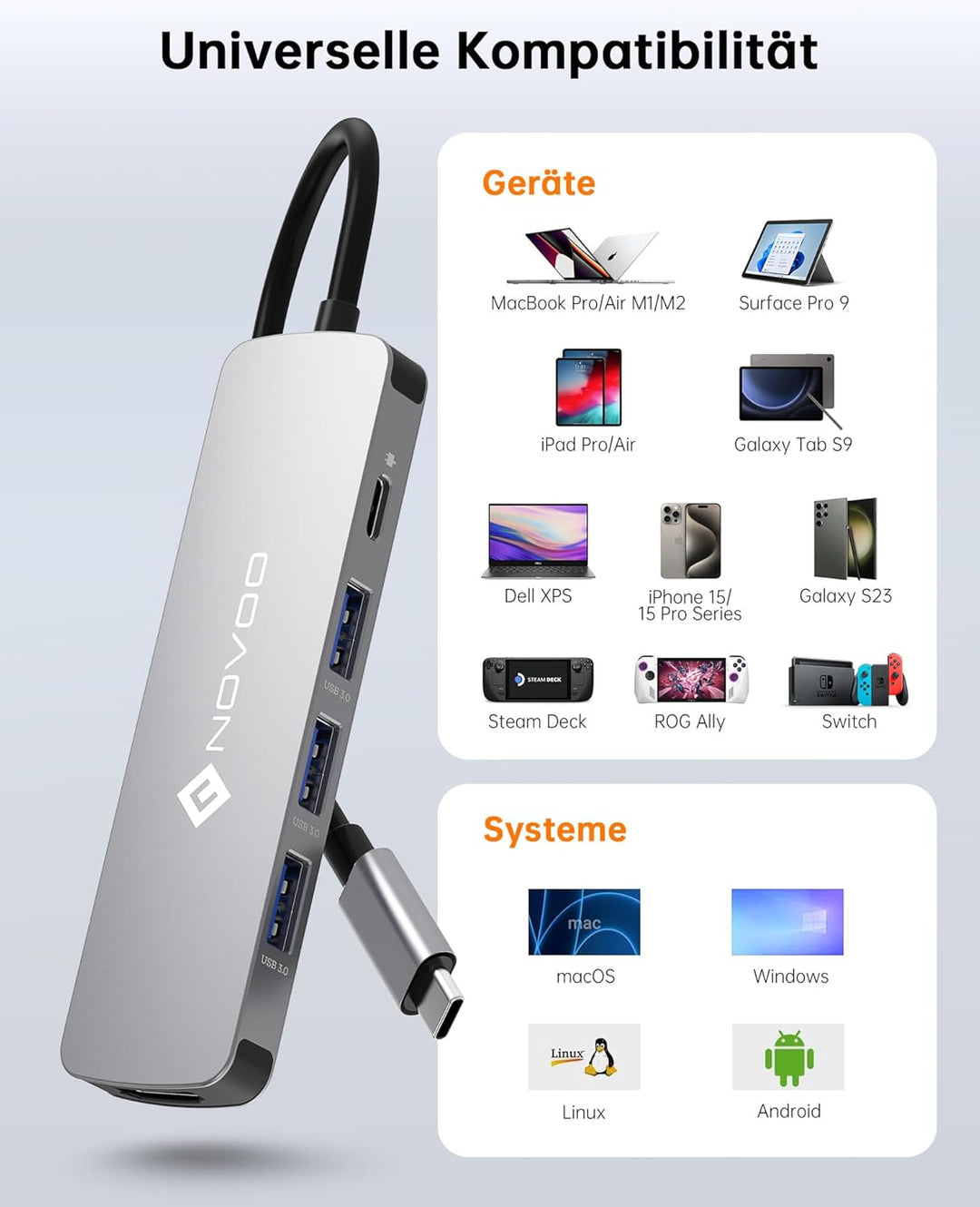 NOVOO USB C Hub Adapter MacBook Pro/Air M1 Adapter mit 4K HDMI,100W PD,3 x USB 3.0 Anschlüsse Alumin