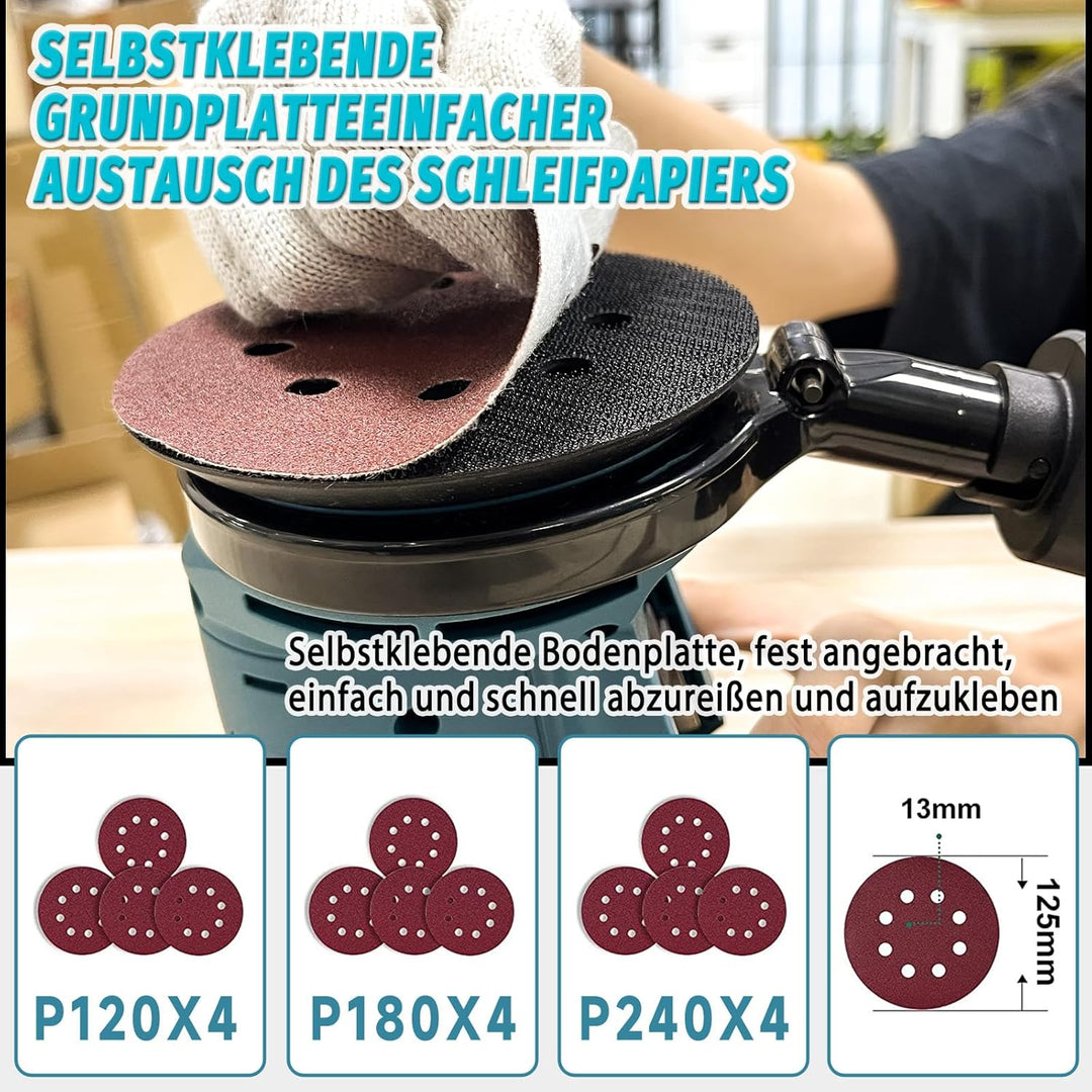 Bürstenlose Akku Exzenterschleifer mit 2pcs 3.0ah Akku, Ersetzen für Makita DBO180Z, Akkuschleifer S