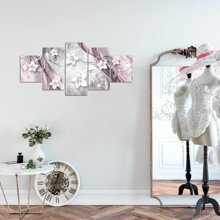 Runa Art Wandbilder Abstrakt Blumen 5 Teilig Bild auf Vlies Leinwand Deko Wohnzimmer Vintage Grau Li