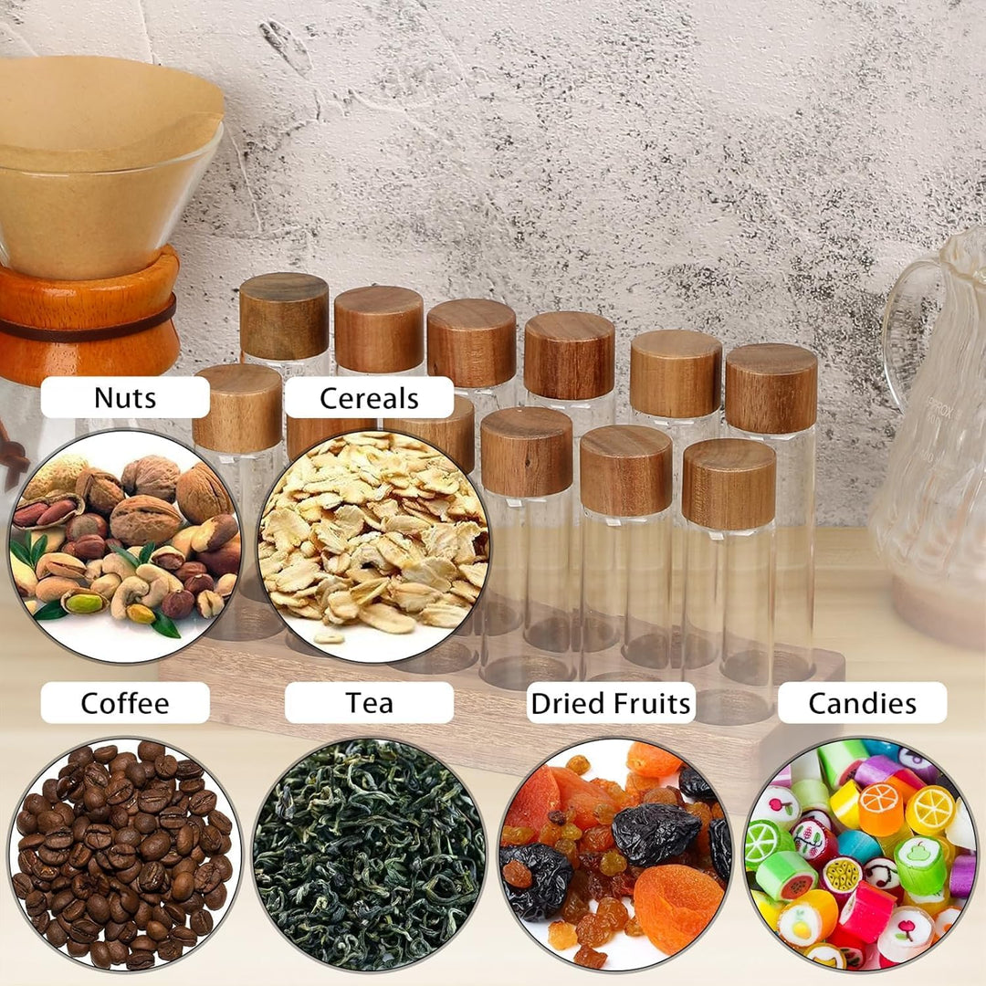 12 Stück Single Dose Kaffeebohnen Aufbewahrung mit Holz Halter, Aufbewahrung Röhrchen Set für Espres