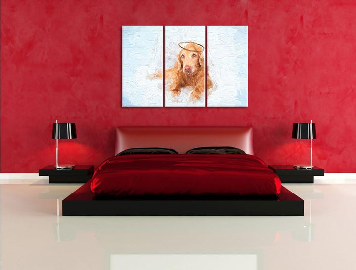 Pixxprint Süsser Hundeengel auf Einer Wolke im Himmel Kunst Pinsel Effekt 3-Teiler Leinwandbild 120x