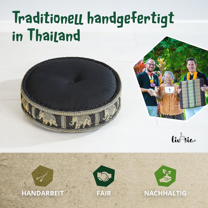livasia Meditationskissen mit Thaiseide - Ø 45x15cm - Yogakissen mit Kapok, Pouf, Bodenkissen für Yo