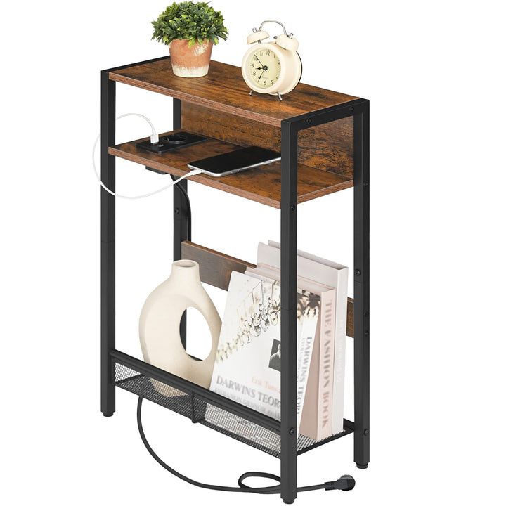 CHOEZON Beistelltisch Schmal, Sofatisch mit Ladestation, Nachttisch mit 2 Holzwerkstoffplatten und 1