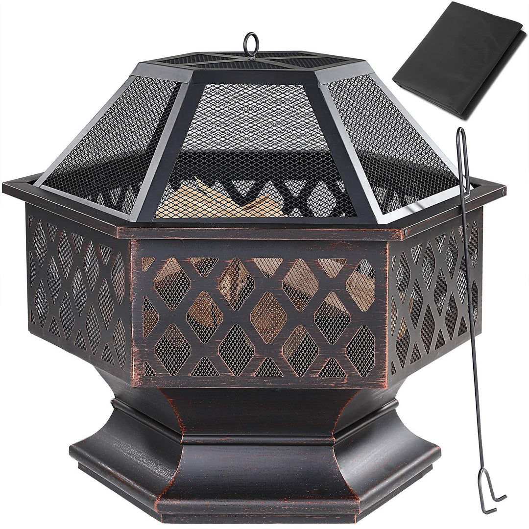 Gardebruk® Feuerschale mit Funkenschutz Sechseckig Stahl Modern Rost-Optik Garten Terrasse Feuerstel