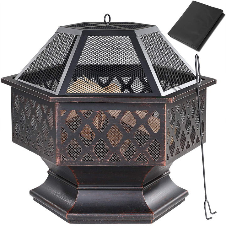 Gardebruk® Feuerschale mit Funkenschutz Sechseckig Stahl Modern Rost-Optik Garten Terrasse Feuerstel