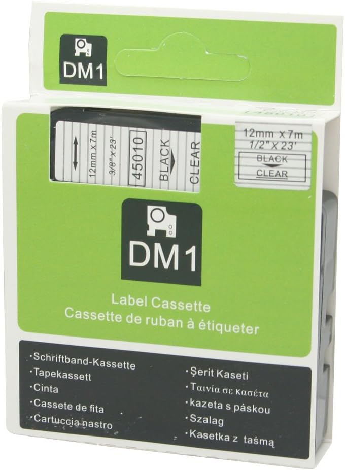 Schriftband, kompatibel mit DYMO D1 45010, 12 mm, OPA2210x5, Schwarz auf Transparent, 5 Stück 12 mm