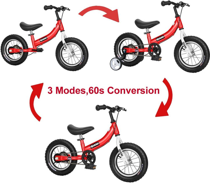 Qiani Laufrad 2 in 1 für Kinder ab 2 3 4 5 6 7 Jahre,Kinderlaufrad mit Bremse,Stützräder,Pedalen,Luf