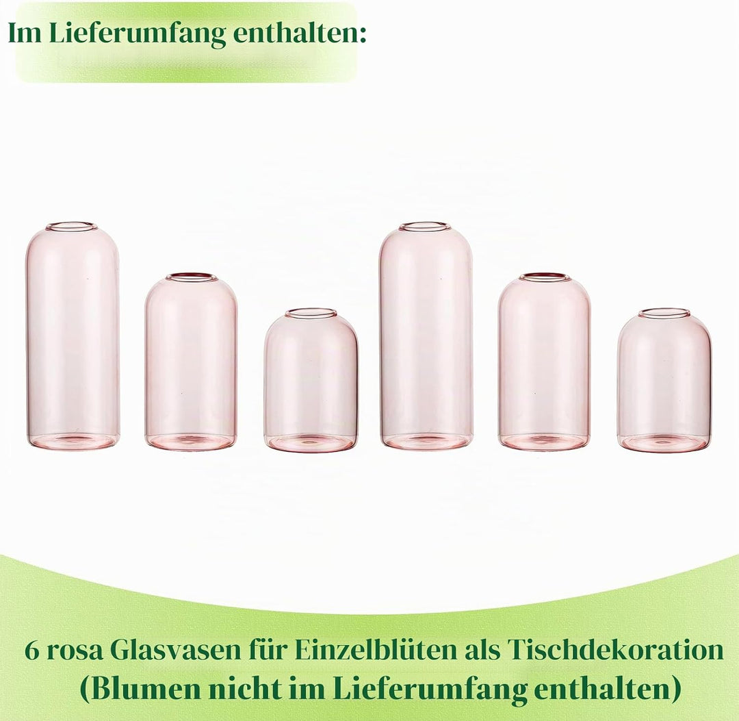 Hewory Kleine Vasen für Tischdeko: 6er Set Rosa Deko Vase Rosa Glaszylinder Vase Glas, Klein Glasvas