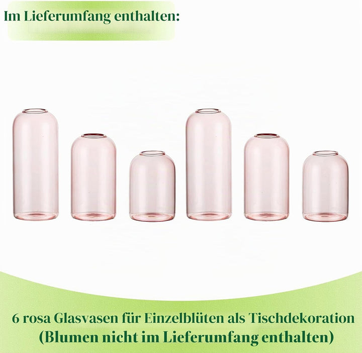 Hewory Kleine Vasen für Tischdeko: 6er Set Rosa Deko Vase Rosa Glaszylinder Vase Glas, Klein Glasvas