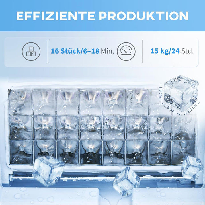 HOMCOM Eiswürfelmaschine 15 kg/24h Ice Cube Maker Maschine mit Schaufel, 1,5 L Wassertank, Verstellb