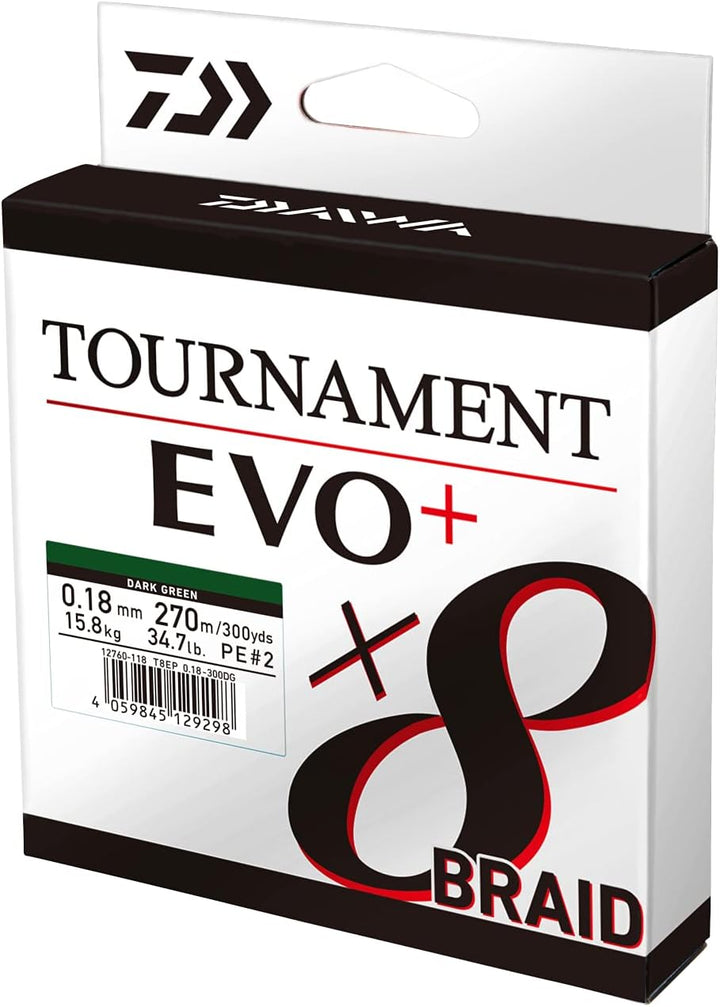 Daiwa Tournament x8 Braid EVO+, 900m, Dunkelgrün, Geflochtene Angelschnur 900m/0.20mm, 900m/0.20mm
