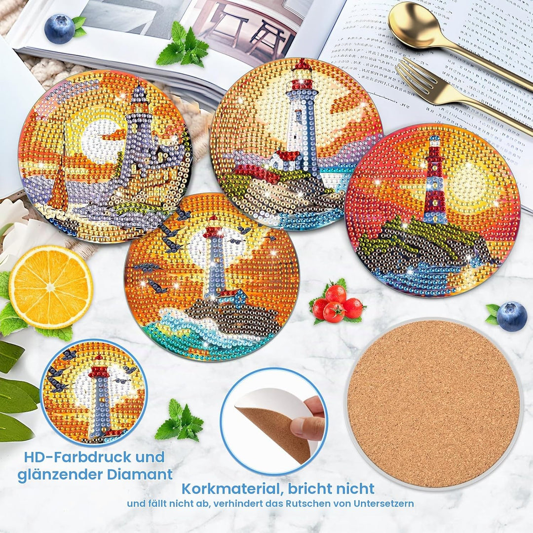 8 Stück Untersetzer für Diamond Painting Leuchtturm, unter Glas, Diamond Painting Landschaft, Diaman