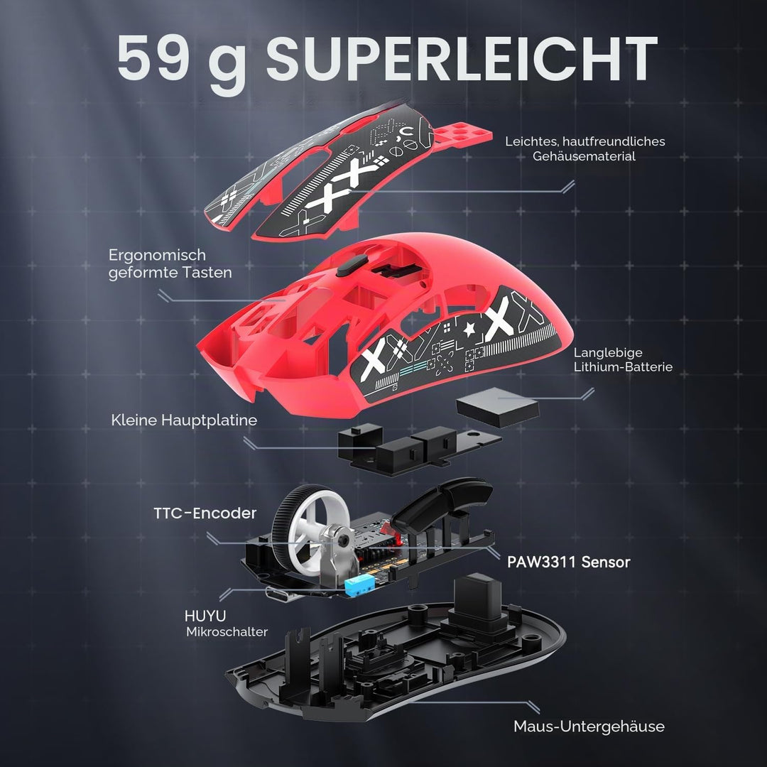 ATTACK SHARK R1 59g Superlight Maus mit Klebeband, PixArt PAW3311 Gaming-Sensor, BT/2,4G kabellose/k