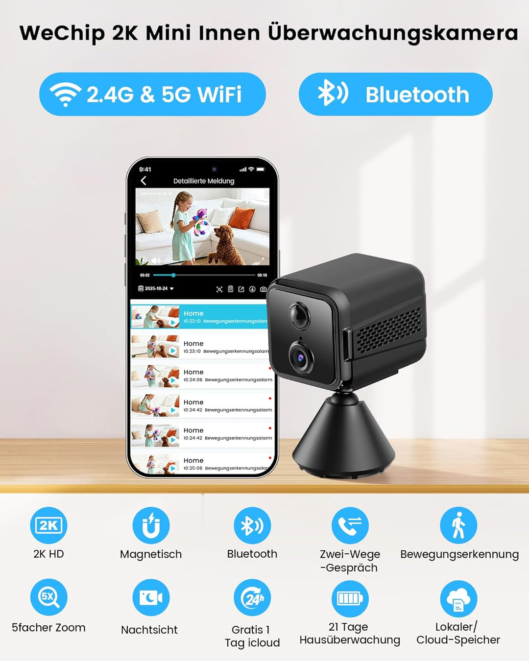 WeChip Mini Kamera, 2K HD Überwachungskamera Innen Für Live Übertragung Handy APP,WiFi & Bluetooth K