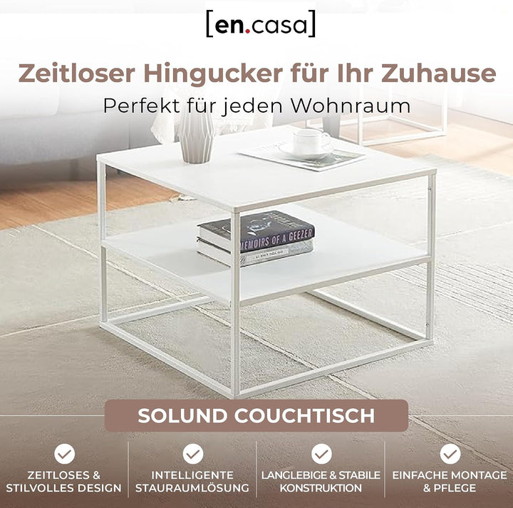 [en.casa] Couchtisch Solund Beistelltisch mit Ablage Metall Weiss matt Wohnzimmertisch mit Stauraum