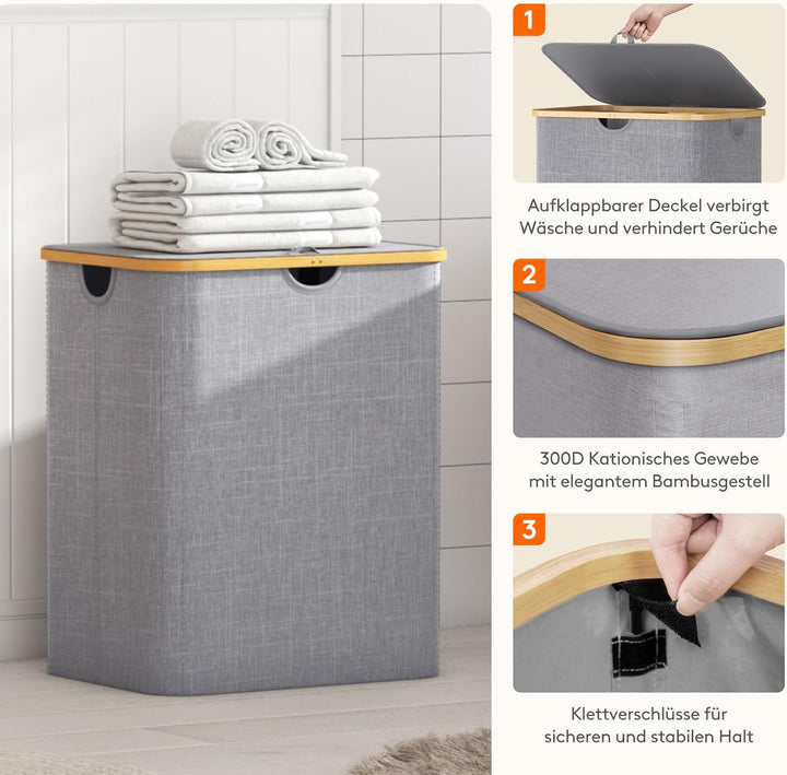 Lifewit 140L Wäschekorb mit 2 Fächern und Deckel, Hellgrau Hellgrau 140L, Hellgrau 140L