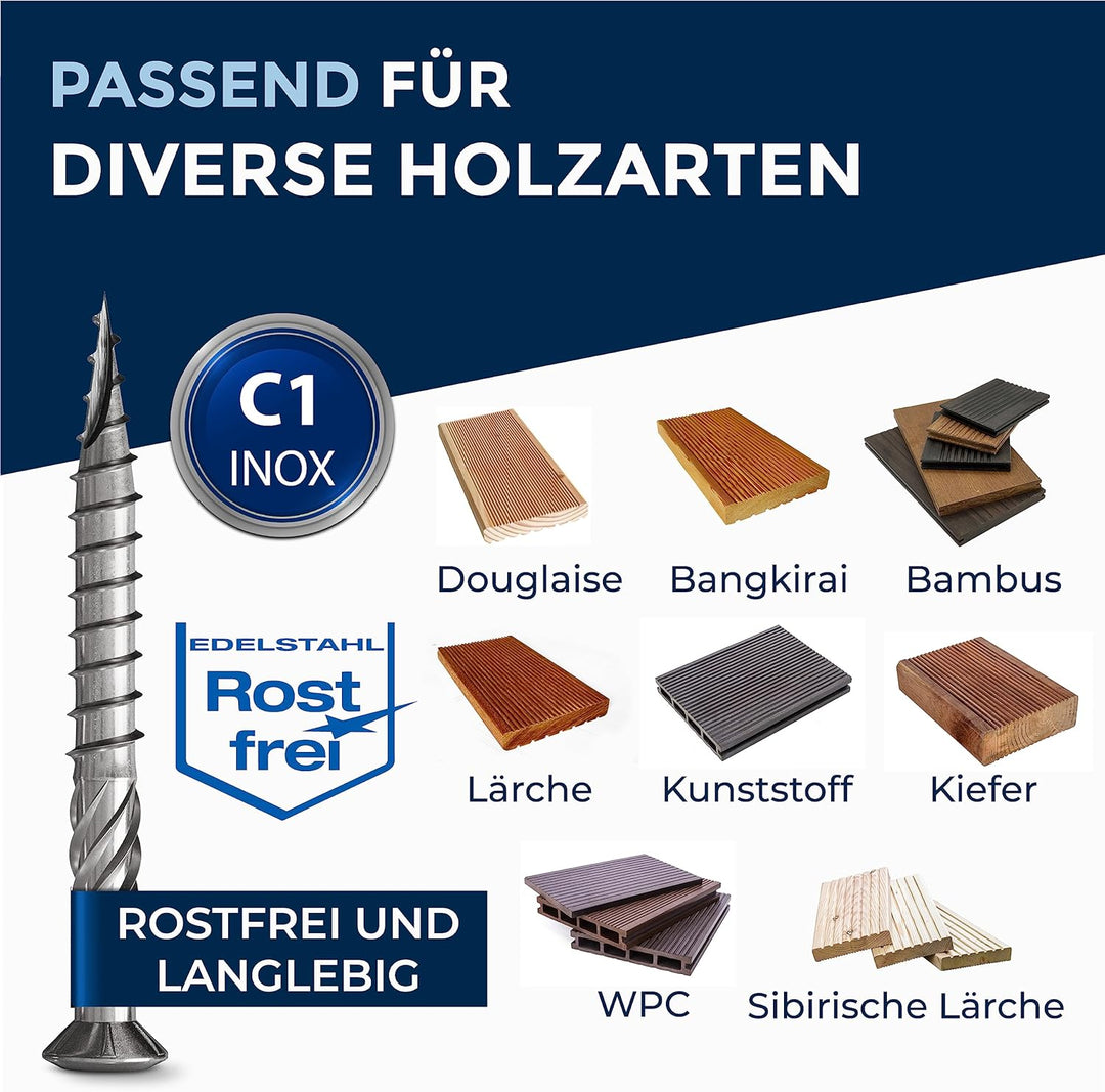 250 Stück Terrassenschrauben 5 x 60 mm lang | PERFEKT für 25 mm Terrassendielen | rostfreier gehärte