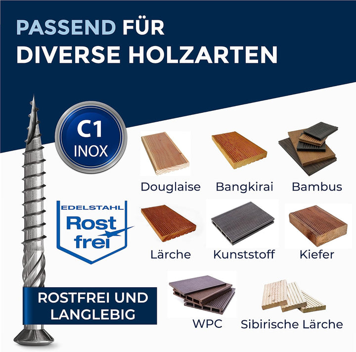 250 Stück Terrassenschrauben 5 x 60 mm lang | PERFEKT für 25 mm Terrassendielen | rostfreier gehärte