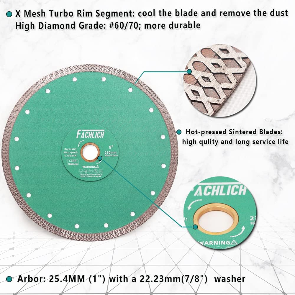 FACHLICH Diamant Trennscheibe 230MM Turbo Mesh Diamantklinge mit X Felgensegment für Hart Keramik Po
